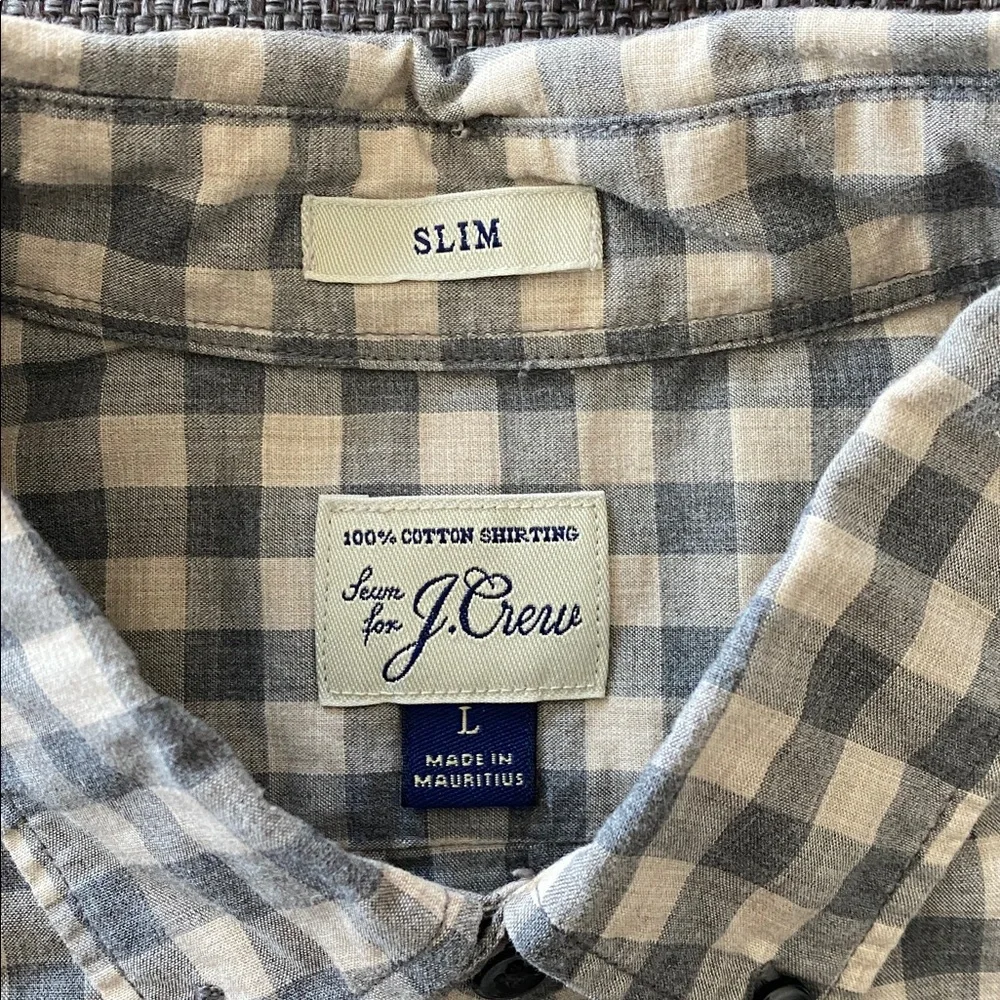 EUC Mens J. Crew Slim Plaid Button Down Sleeve Shirt, Cream & Gray Gingham, L